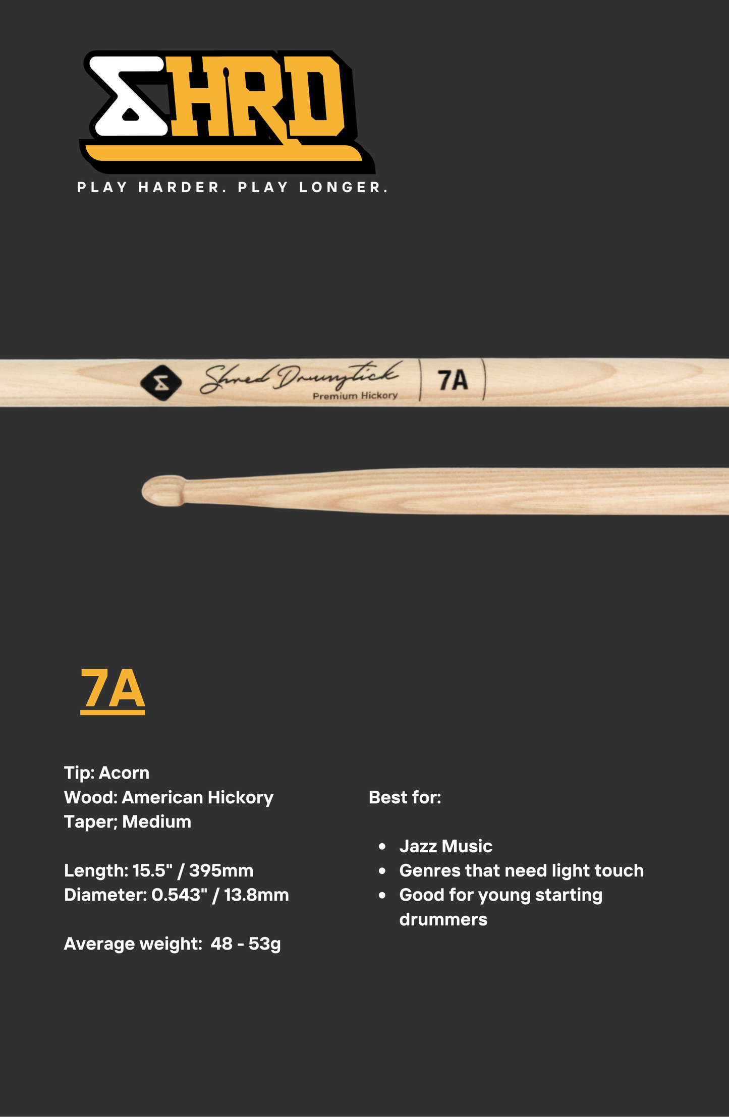 SHRED 7A American Hickory Drumsticks
